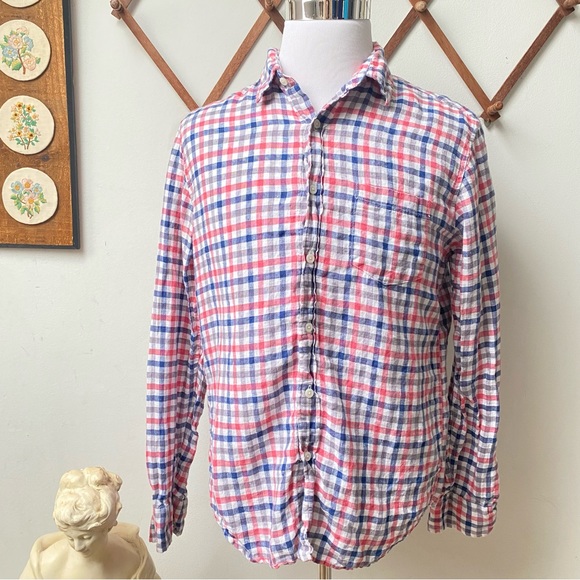J Crew Linen Checkered Slim Fit Button Up Shirt - Picture 1 of 12